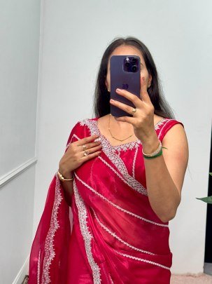 Luxurious Red Burberry Saree With Cut Work Border