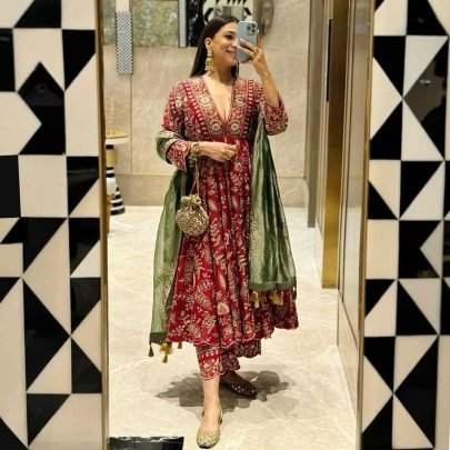 Luxury Chinon Silk Anarkali Gown with Heavy Sequins Embroidery & Dupatta