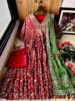 Luxury Chinon Silk Anarkali Gown with Heavy Sequins Embroidery   Dupatta