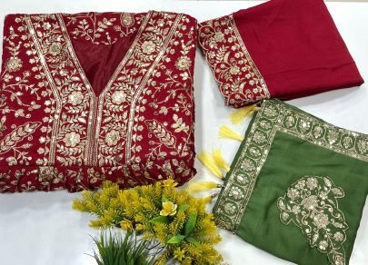 Luxury Chinon Silk Anarkali Gown with Heavy Sequins Embroidery & Dupatta