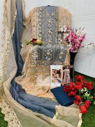 Luxury Gray   Off White Multi Thread Orgenza Silk Suit