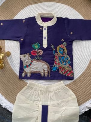 Maggam Work  Purple Colour Kids Kurta With Dhoti