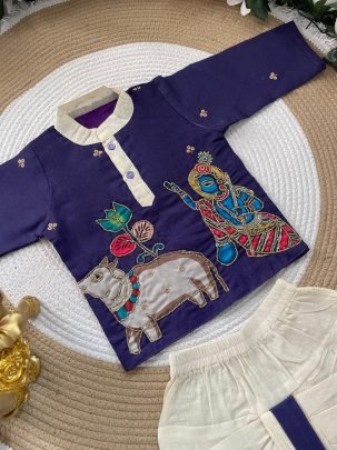 Maggam Work  Purple Colour Kids Kurta With Dhoti