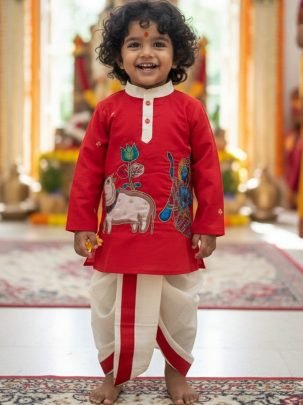 Magic Cotton Fabric Red Colour Kids Kurta With Dhoti
