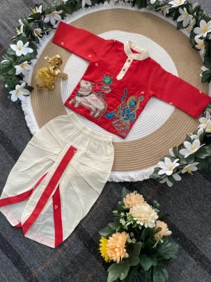 Magic Cotton Fabric Red Colour Kids Kurta With Dhoti