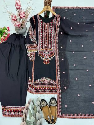 Mal Chanderi Pakistani Palazzo Suit With Embroidery Work