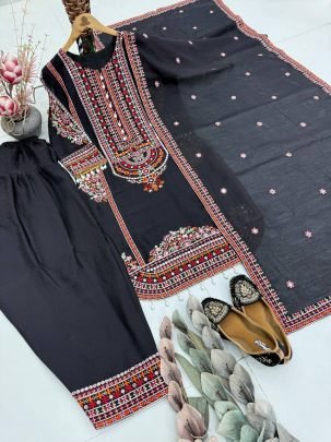 Mal Chanderi Pakistani Palazzo Suit With Embroidery Work