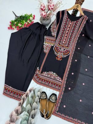 Mal Chanderi Pakistani Palazzo Suit With Embroidery Work