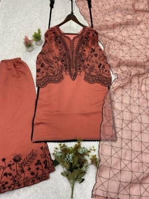 Mal Cotton Fabric Rust Orange Colour Palazzo Suit