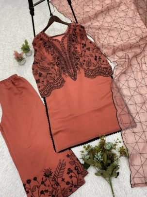 Mal Cotton Fabric Rust Orange Colour Palazzo Suit