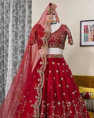 Malay Satin Silk Embroidery  Work Red Lehenga
