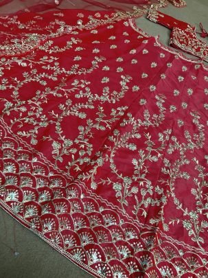 Malay Satin Silk Embroidery  Work Red Lehenga