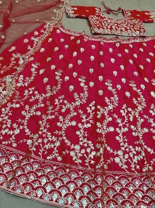 Malay Satin Silk Embroidery  Work Red Lehenga