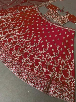 Malay Satin Silk Embroidery  Work Red Lehenga