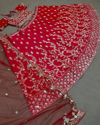 Malay Satin Silk Embroidery  Work Red Lehenga