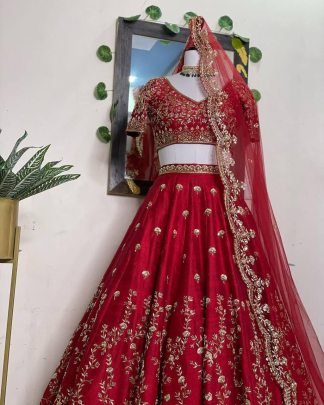 Malay Satin Silk Embroidery  Work Red Lehenga