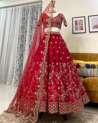 Malay Satin Silk Embroidery  Work Red Lehenga