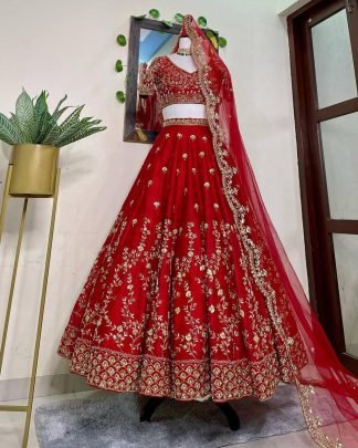 Malay Satin Silk Embroidery  Work Red Lehenga
