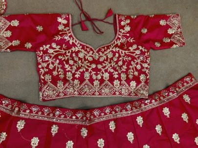 Malay Satin Silk Embroidery  Work Red Lehenga
