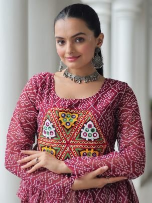 Maroon Colour  Bandhani Print Navratri Top