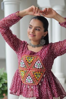 Maroon Colour  Bandhani Print Navratri Top