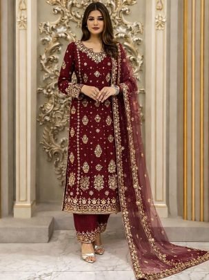Maroon Colour Sequence Work Palazzo Suit