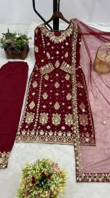 Maroon Colour Sequence Work Palazzo Suit