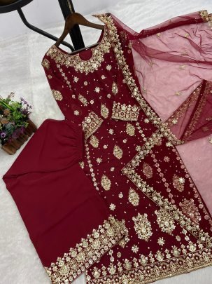 Maroon Colour Sequence Work Palazzo Suit