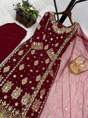 Maroon Colour Sequence Work Palazzo Suit