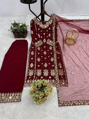 Maroon Colour Sequence Work Palazzo Suit