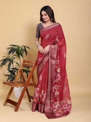 Maroon Digital Floral Printed Linen Cotton Saree With Metallic Zari Border