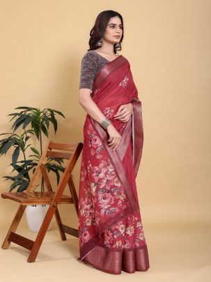 Maroon Digital Floral Printed Linen Cotton Saree With Metallic Zari Border
