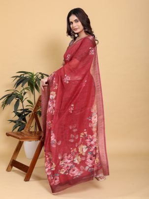 Maroon Digital Floral Printed Linen Cotton Saree With Metallic Zari Border