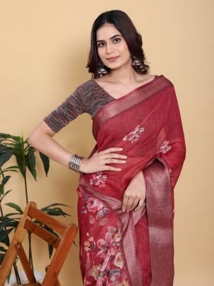 Maroon Digital Floral Printed Linen Cotton Saree With Metallic Zari Border