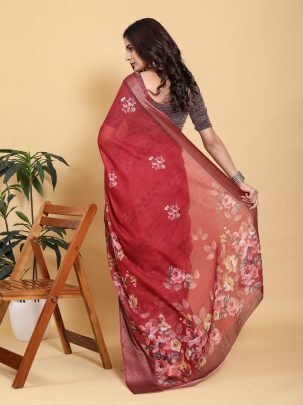 Maroon Digital Floral Printed Linen Cotton Saree With Metallic Zari Border