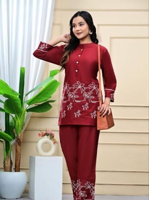 Maroon Elegance Embroidery  Cord Set