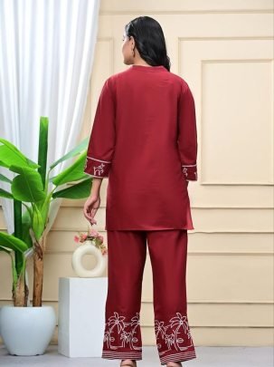 Maroon Elegance Embroidery  Cord Set