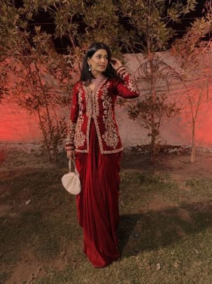 Maroon Koti Style Dhoti Lehenga