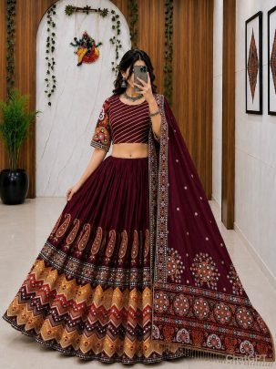 Maroon Muslin Cotton Real Mirror Work Lehenga Choli 