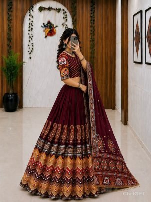 Maroon Muslin Cotton Real Mirror Work Lehenga Choli