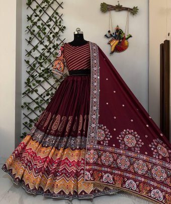 Maroon Muslin Cotton Real Mirror Work Lehenga Choli