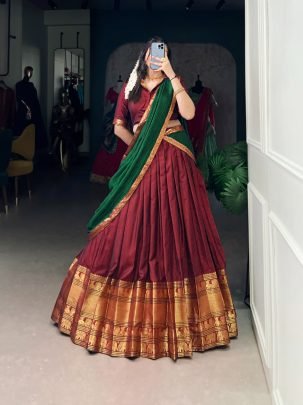 Maroon Narayan Pet Cotton South Indian Style Lehenga With Green Dupatta And Belt