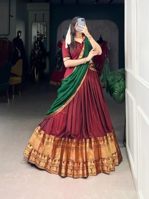 Maroon Narayan Pet Cotton South Indian Style Lehenga With Green Dupatta And Belt