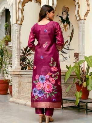 Maroon Pure Chanderi Cotton Kurta With Viscose Gadhwal Bottom
