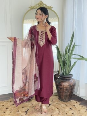 Maroon Rayon Kurta Set With Printed Taby Dupatta