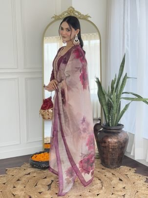 Maroon Rayon Kurta Set With Printed Taby Dupatta