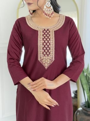 Maroon Rayon Kurta Set With Printed Taby Dupatta