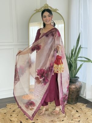 Maroon Rayon Kurta Set With Printed Taby Dupatta