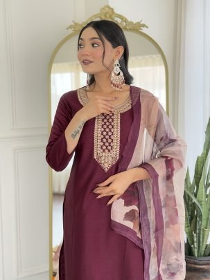 Maroon Rayon Kurta Set With Printed Taby Dupatta