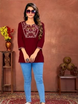 Maroon Rinkal Cotton Short Kurti Top 